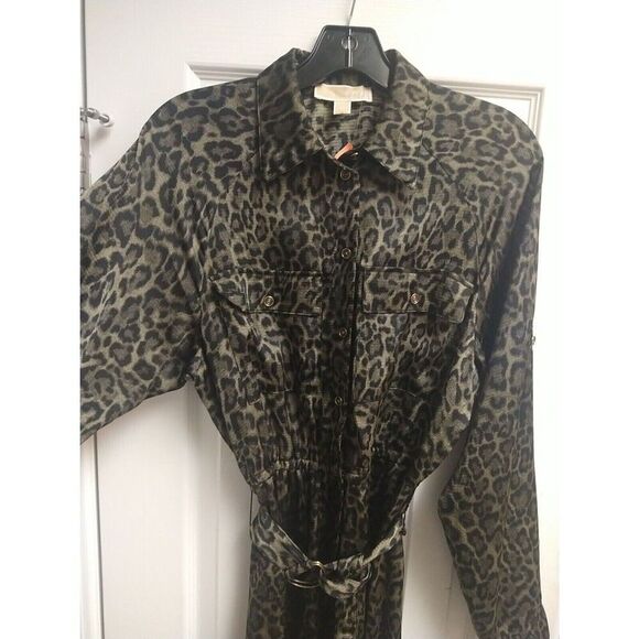 Michael Kors Leopard Button-down Collared dress green medium business Classic - Picture 2 of 11